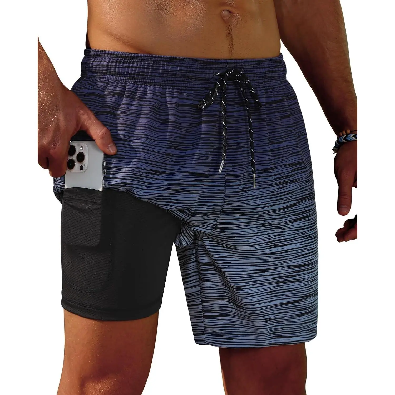 Men's 7-in Shorts Cut Swim Trunks, 2-in-1 with Compression Liner Pockets, Drawstring Fit, Quick Dry Stretch Fabric, Funny Print for Beach, Pool