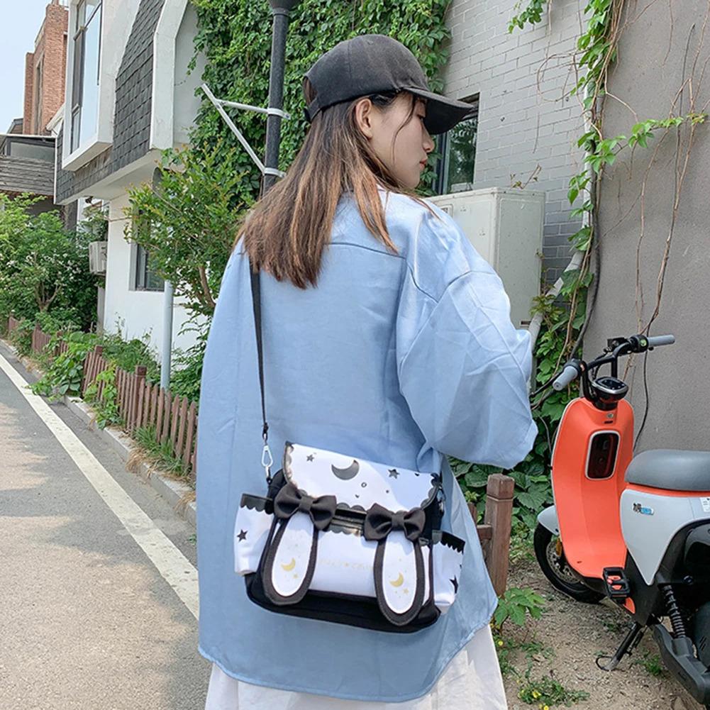 Y2K Cute Girl Lolita Bow Rabbit Shoulder Bag Women Star Moon Canvas Crossbody Bags Korean Kawaii Satchel Bag Sweet Messenger Bag