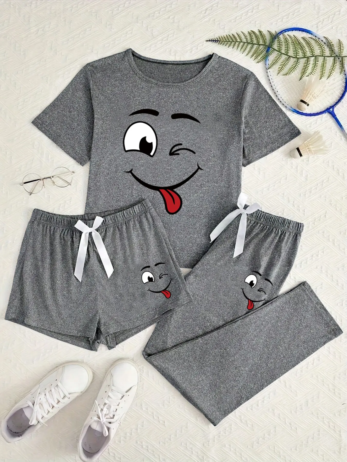 Women's Fun Emoji Print Cartoon Pattern Pajamas, 3-Piece Set, Casual Home Wear, All-Seasons, Slim-Fitting, Comfortable Sleepwear for Daily Use, Loungewear
