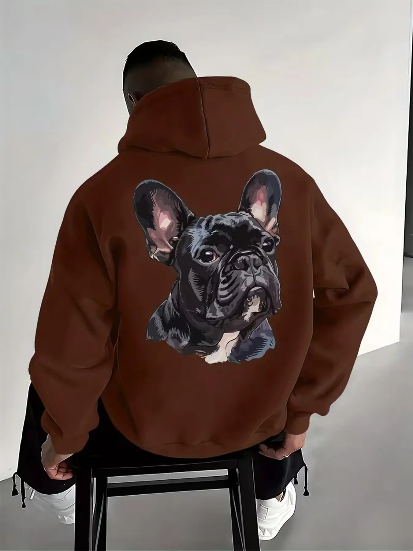 Men's versatile casual pullover hoodie with trendy French bulldog graphic print, comfortable sweatshirt for home leisure and outdoor daily wear.