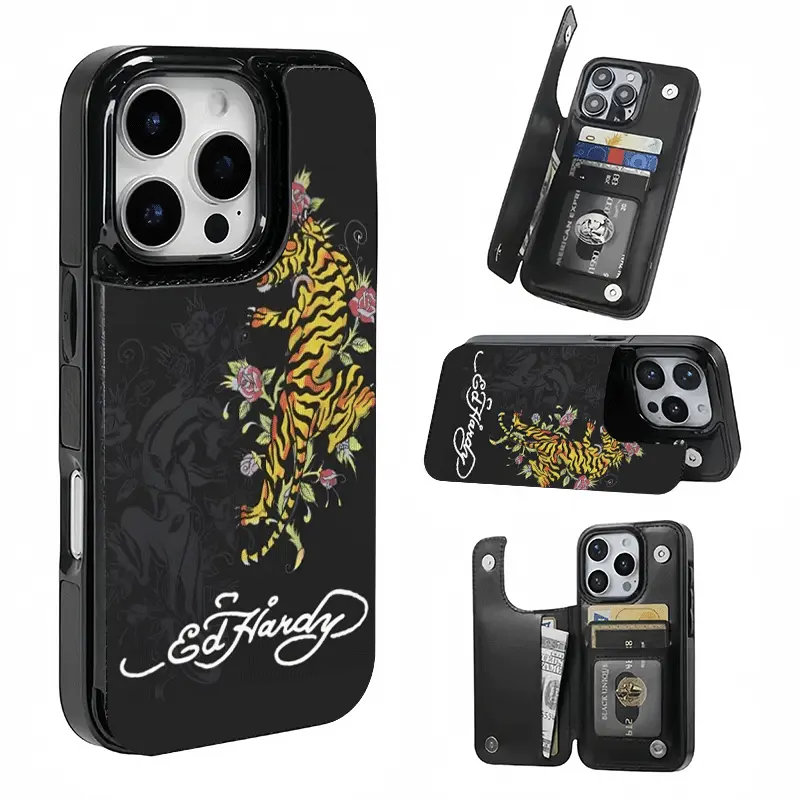 Tiger and Rose Pattern Card Holder Phone Case, This phone case features a card slot function, can store bank cards, transit cards and other cards, suitable for iPhone 17/16/15/14/13/12, and makes a great gift for girls.