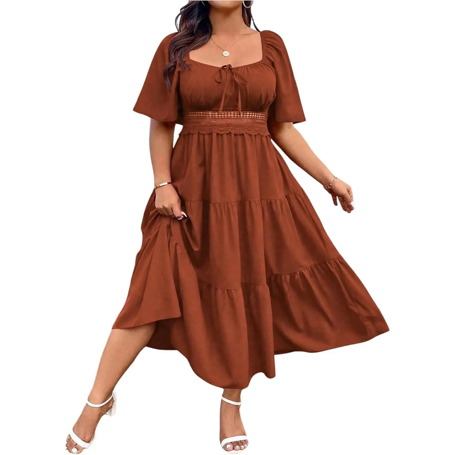 BEAUDRM Women's Plus Size Wedding Guest Dress Flowy Boho Maxi Dress Ruffle Milkmaid Summer Square Neck Ruched Sundress