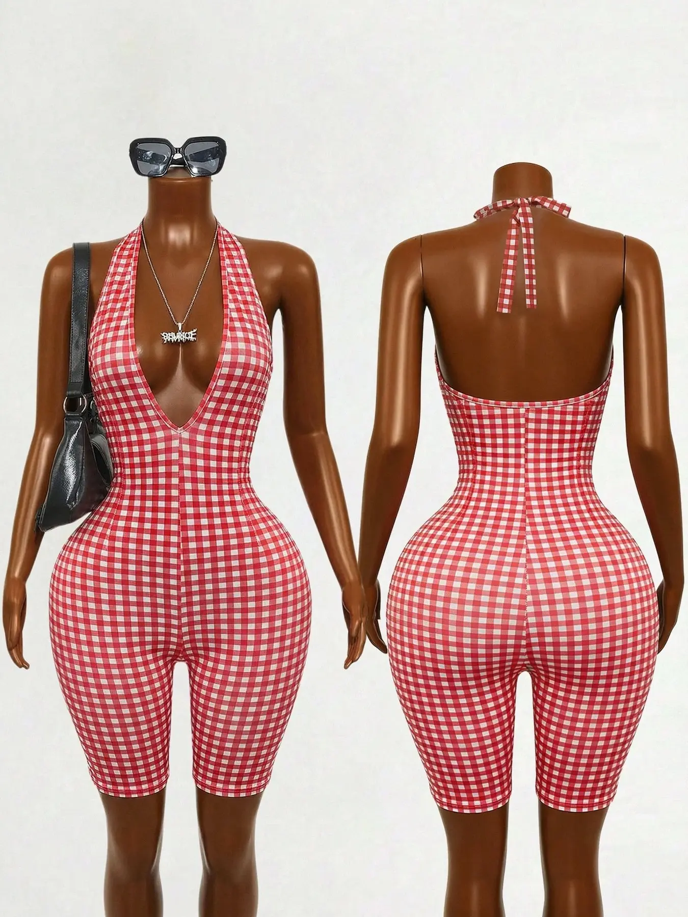 Plaid Halter Summer One-Piece Shorts, Sleeveless Deep V Slim Fit Biker Style Romper, Women's Fashionable Casual Aesthetic Chic