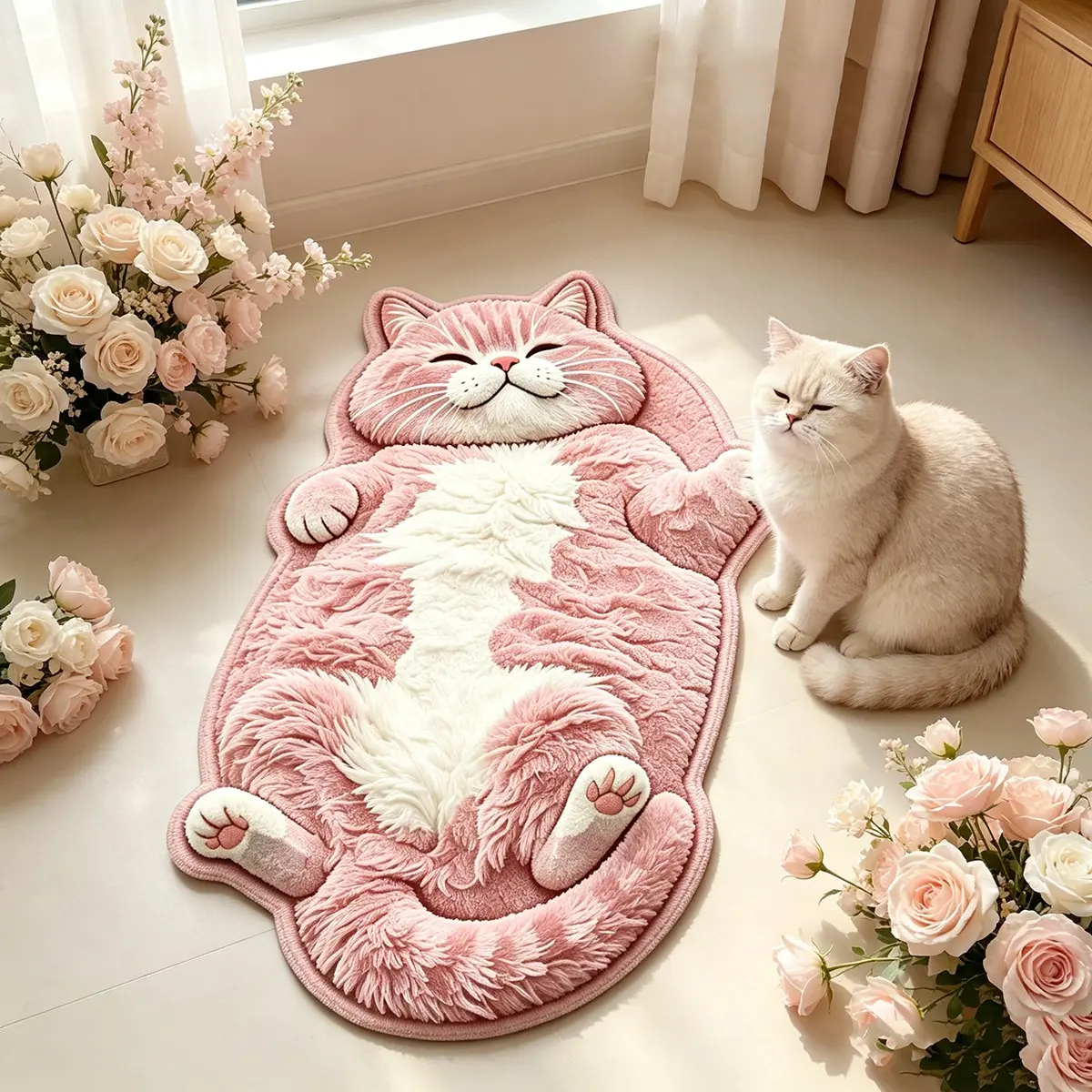 Cute Cat Shape Rug, 3D Plush Design, Thin Washable Carpet, Perfect for Bedroom, Ideal for Cat Lovers, Cozy Home Decor, Cozy Area Rug, Home Decor Rugs