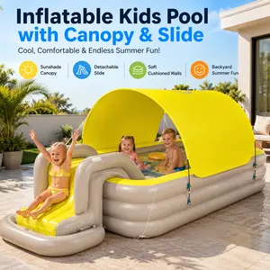 2.6M Inflatable Kids Pool with Canopy & Slide, Large Family Blow Up Swimming Pool, Detachable Sunshade, Cushioned 3-Layer Walls, Portable PVC Backyard Water Pool for Children, Family Garden, Patio, Indoor Outdoor Summer Day Use