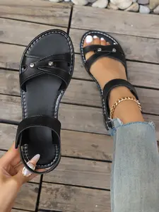 Large Size Velcro Cross Strap Flat Sandals, European and American Style Outdoor Wear, Versatile Beach Shoes, Comfortable and Stylish