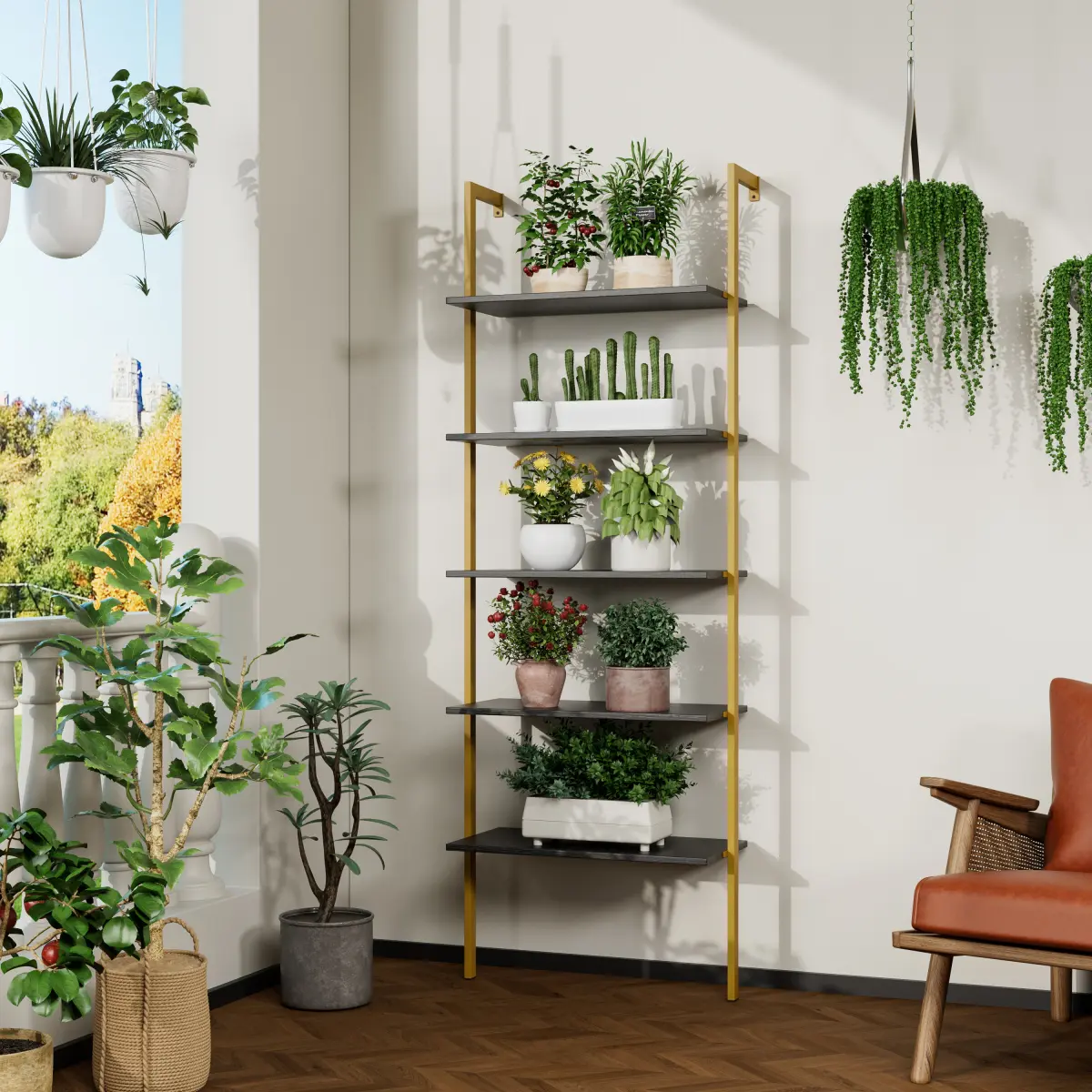 5-Tier Sturdy Wall Mounting Ladder Bookshelf, 70.87x23.62x11.81in Waterproof MDF Storage Rack with Reinforced Metal Frame, 50 lbs Per Tier Open Shelving Unit, Easy to Assemble & Clean Space Saving Bookshelf for Living Room, Bedroom (Assembly Required)