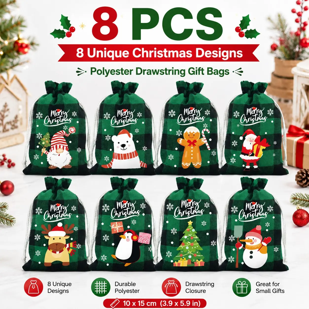 8-Pack Christmas Drawstring Gift Bags, Medium Size, Jewelry Candy Storage, Party Favor Bags, Santa Claus Gingerbread Man Reindeer Snowman