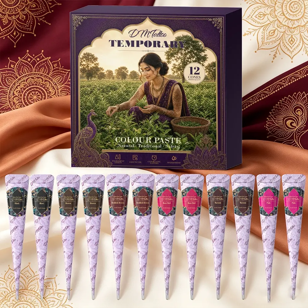 DM 12PCS Natural Plant Henna Tattoo Paste Gift Set, mild ingredients safe for skin. Create custom temporary tattoo patterns, waterproof long-lasting pigment for DIY tattoos and body art at parties, beaches and music festivals.