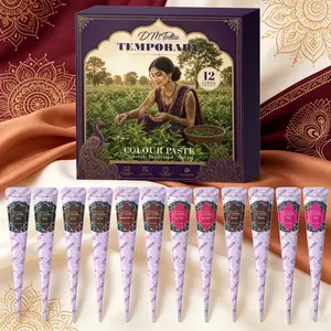 DM 12PCS Natural Plant Henna Tattoo Paste Gift Set, mild ingredients safe for skin. Create custom temporary tattoo patterns, waterproof long-lasting pigment for DIY body art at parties, beaches and music festivals.