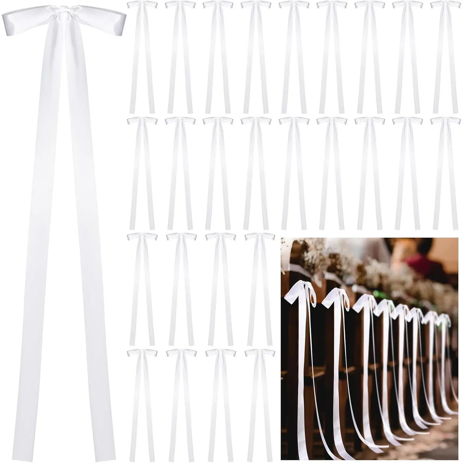 24 Pcs Large Wedding Ribbon Bows with Long Tails 10 x 36 Inch Wedding Aisle Decor Ribbon Bows On Chairs Background Decor for Bridal Shower Reception Ceremony(White)