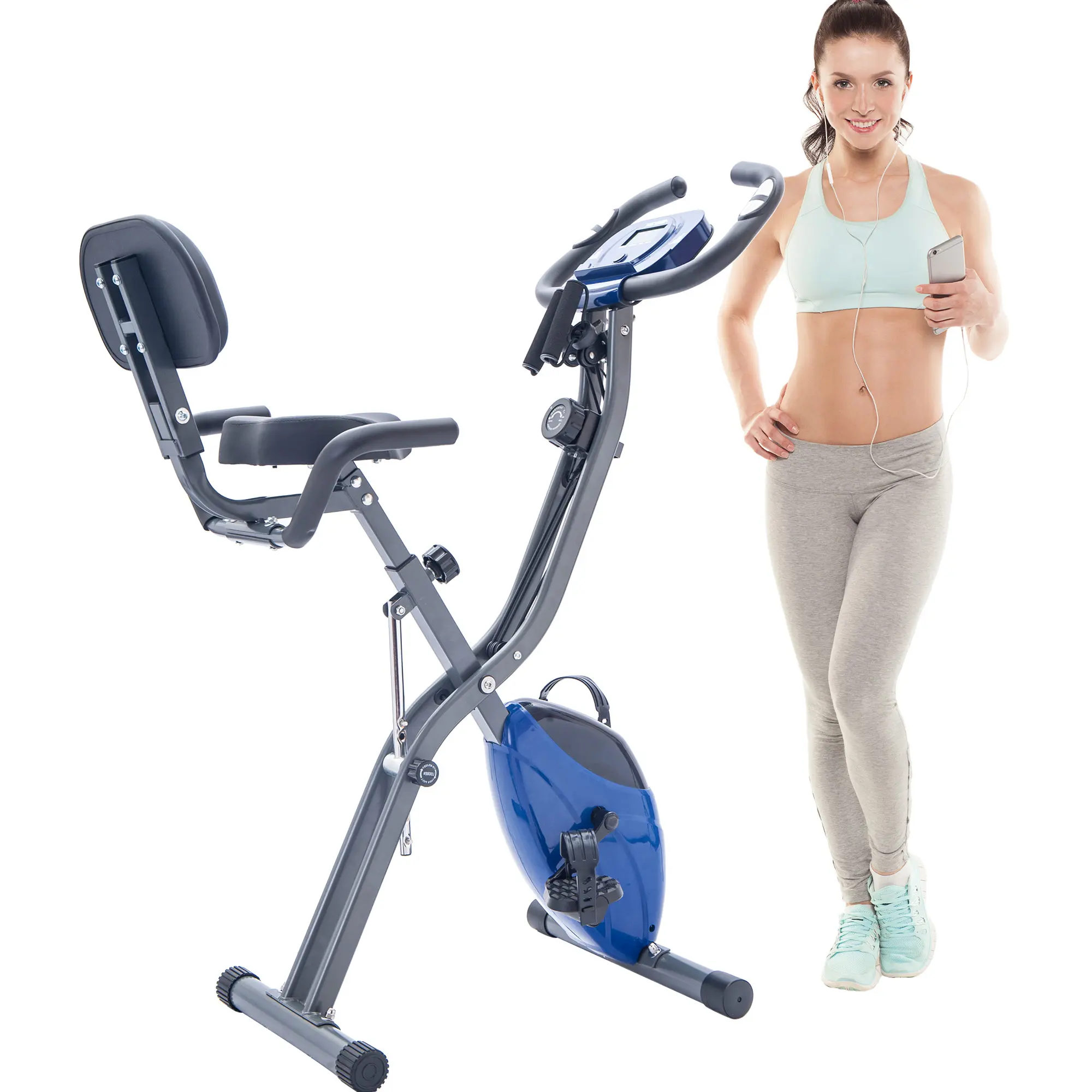Nokaa Folding Exercise Bike Magnetic X-Bike 16-Level Resistance Upright Recumbent Stationary Bike with Arm Bands Backrest for Home Gym Cardio Workout Blue Metal Frame