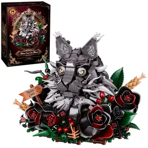 Maine Coon Cat Flower Building Blocks DIY Animal Ornament Toy, Assemble Rose Raven Snake Puzzle, Creative Kids Craft Kit