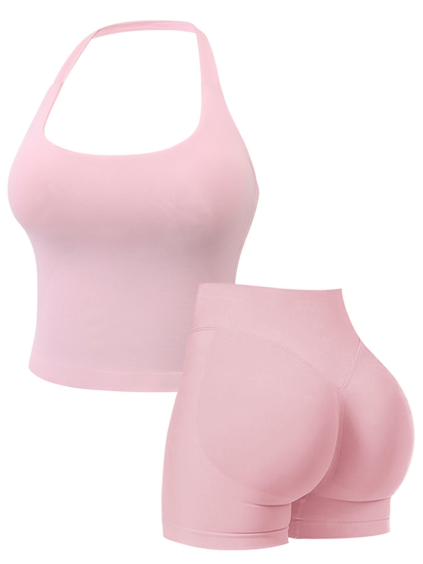 Two-Piece Set Women's Solid Color Halter Top & High Waist Shorts Sports Set, Sporty Comfy Breathable Quick Drying Outfits for Yoga Gym Workout Running, Ladies Sportswear for Summer