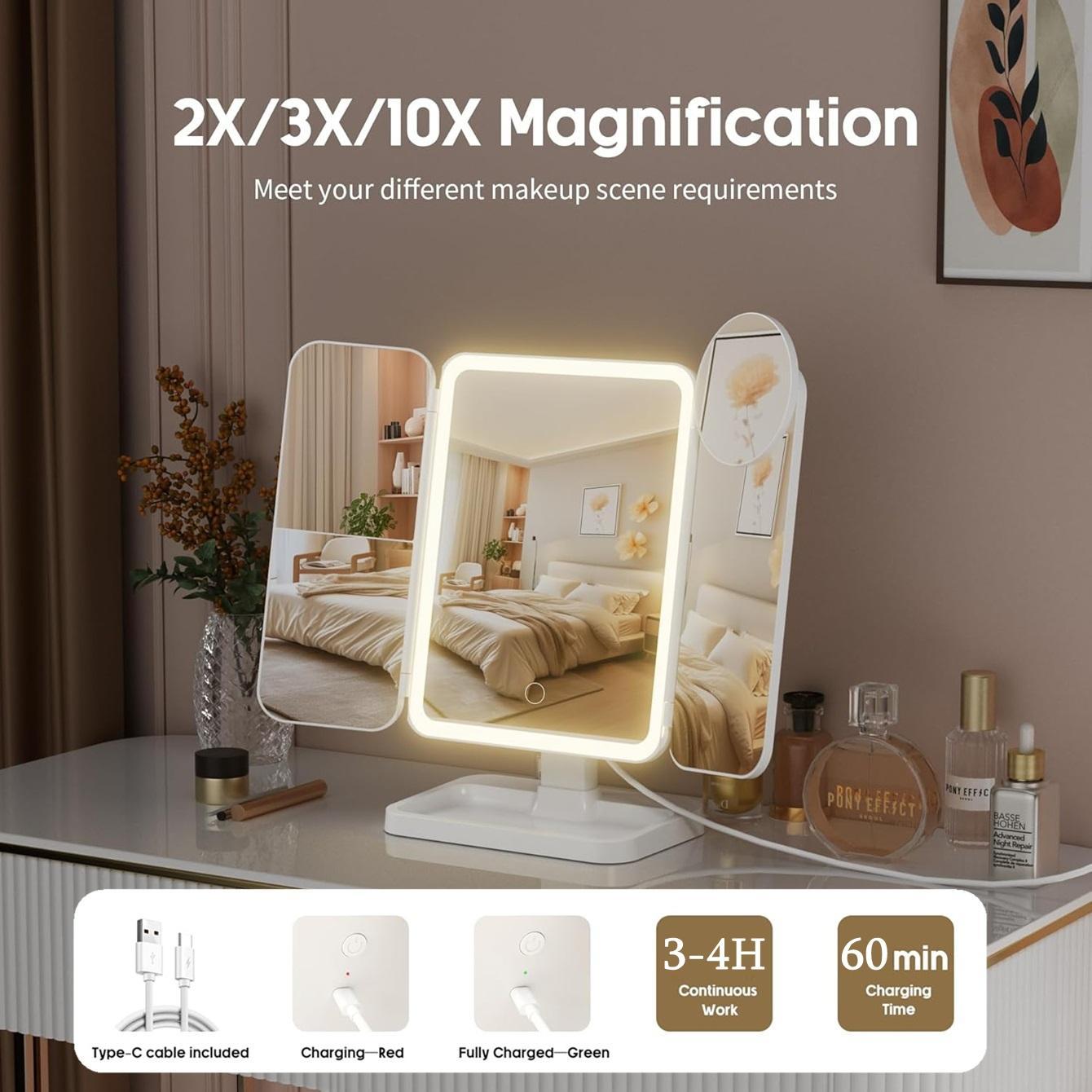Portable LED Light Makeup Mirror, Lighted Makeup Mirror, Mirror with Lights, 3-fold Foldable Rechargeable Mirror with 2x 3x & 10x Magnification, Touch Control Mirror for Travel & Bedroom Use, Rechargeable Trifold Mirror
