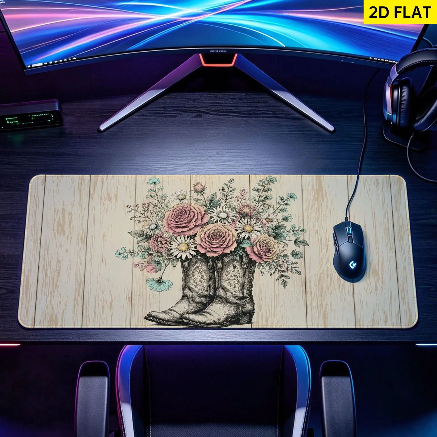 Extra Large western cowboy boots floral Mouse Pad,Non Slip Rubber Pad,Desktop Decoration Drotection Pad,Washable,Lock Edge Multi Size,Premium Multipurpose Mousepad For Home,Office,Gift for Family and Friends