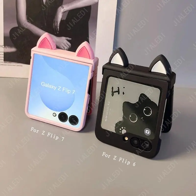 Cute Cat Ears Hinge Phone Case For Samsung Galaxy Z Flip 8 7 6 5 4 3 flip6 zflip7 ZFlip 8 Cover