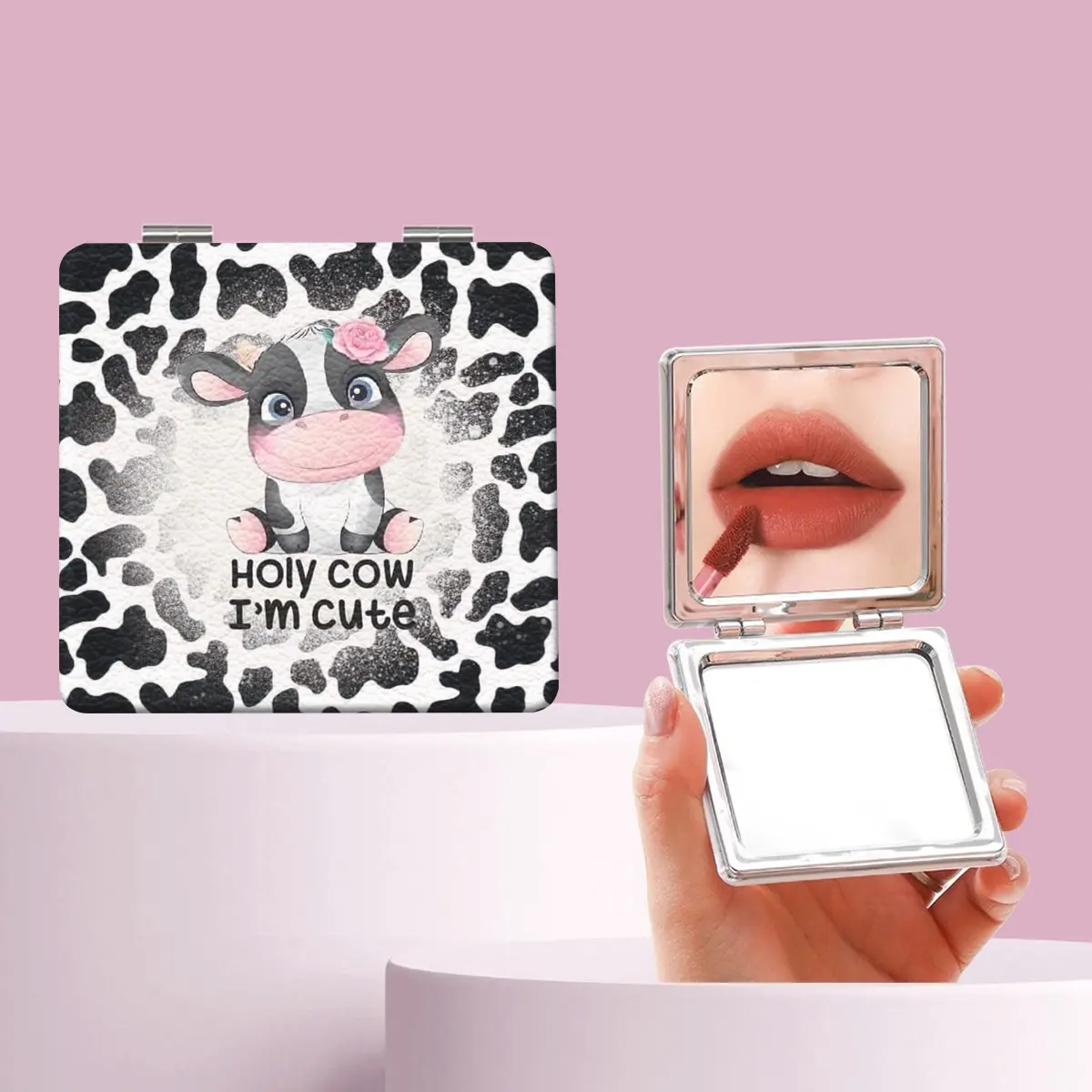 Millennium Y2K Leopard Print Cow Letter Makeup Mirror, Portable Folding Mini Handheld Mirror, Perfect Gift for All Occasions