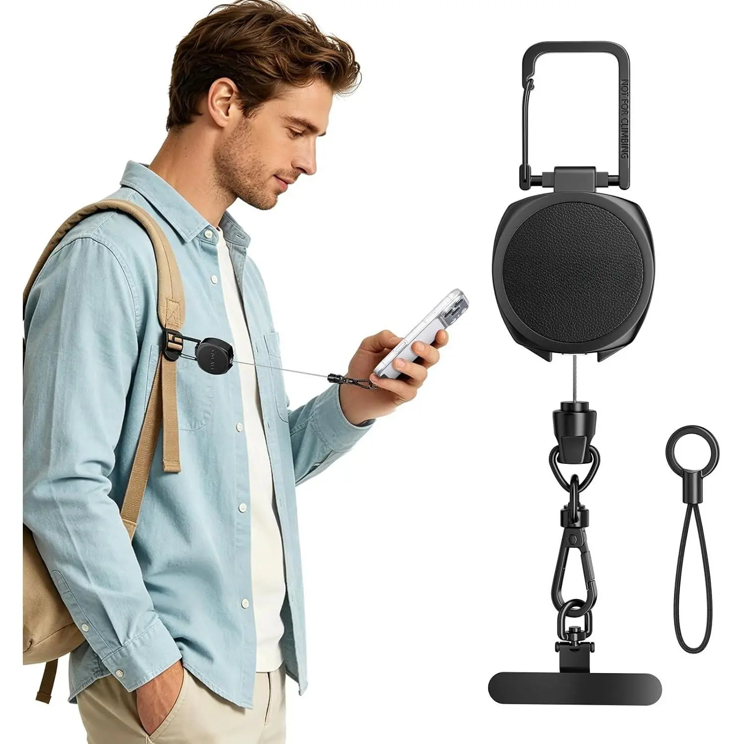 Anti- Phone Tether, Retractable Steel Line Phone Lanyard | Cell Phone Strap with Metal 360° Tether Tab and Carabiner for Outdoor Skiing Hiking Climbing Fishing Travelling, Black