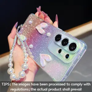 Color Plated Iridescent Blue Gradient & Gradient Glitter Paper & Dazzling Heart Phone Case, with Wrist Strap, for Samsung Galaxy S21/S22/S23/S24/S25/S26 FE/Plus/Ultra/Edge, Fashionable Protective Case, Unique Design for Daily Use, Protective Shell