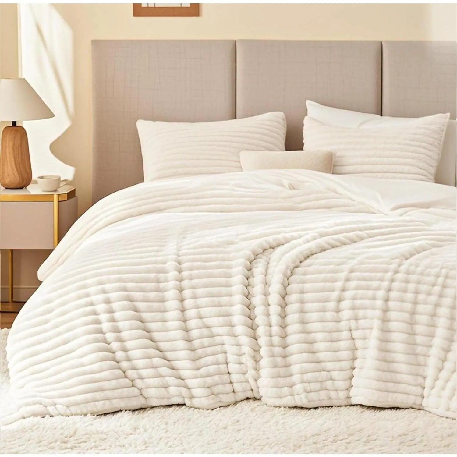 Comforter Set Queen Size - Soft Faux Fur Stripe Comforter 3 Pieces, White Fleece Bedding Set,Winter Warm Bed Set,1 Comforter with 2 Pillowcases