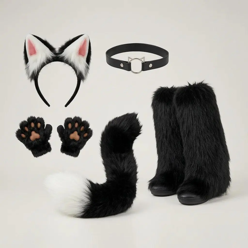 Fox Costume Set With Tail Ears Paw Gloves Boot Covers Cosplay Halloween Party Artificial Fur