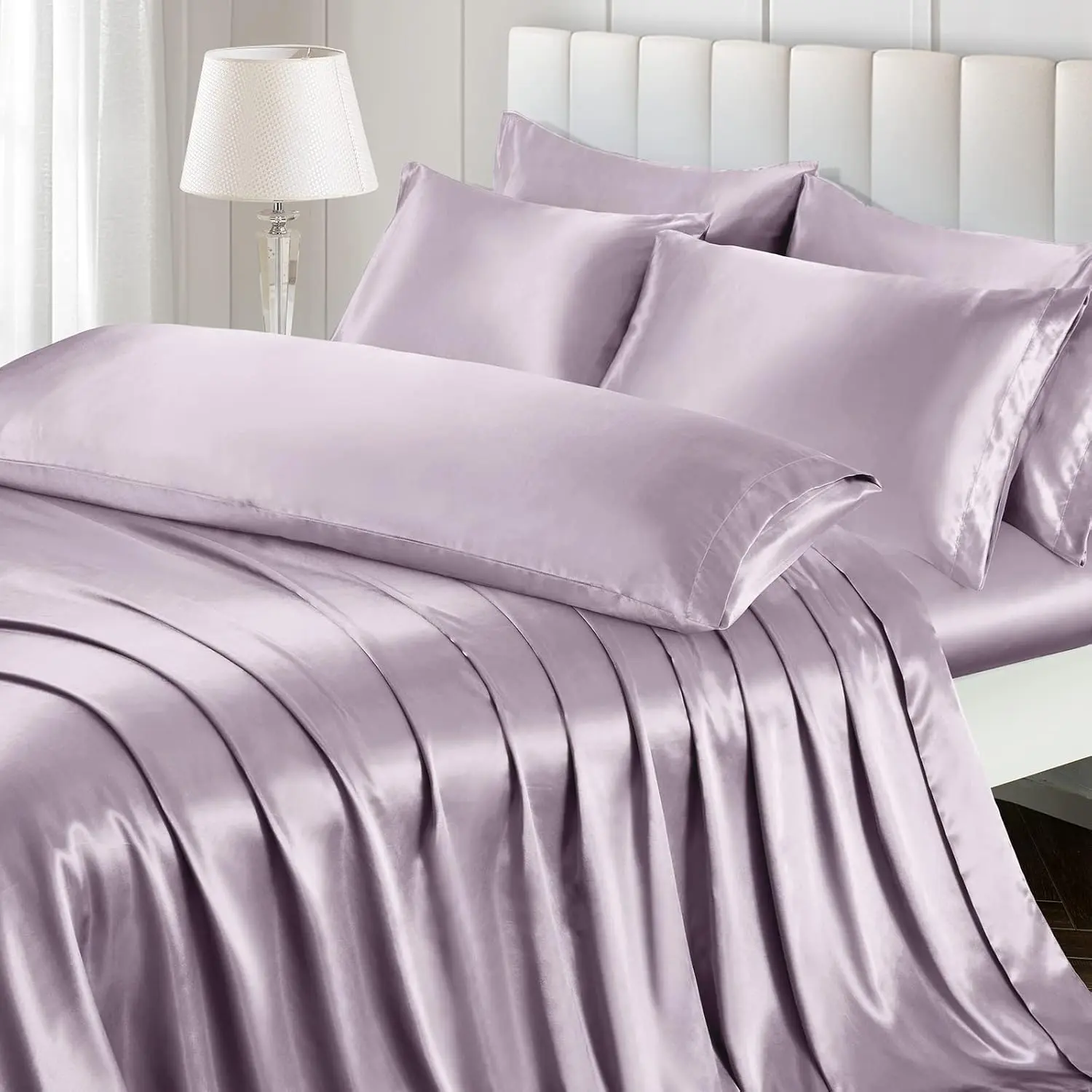 4 Pieces Sheets Set Twin Size, Luxury Lavender Bed Sheets Set with 1 Deep Fitted Sheet, 1 Soft Flat Sheet, 1 Queen Pillowcases and 1 Body Pillowcase