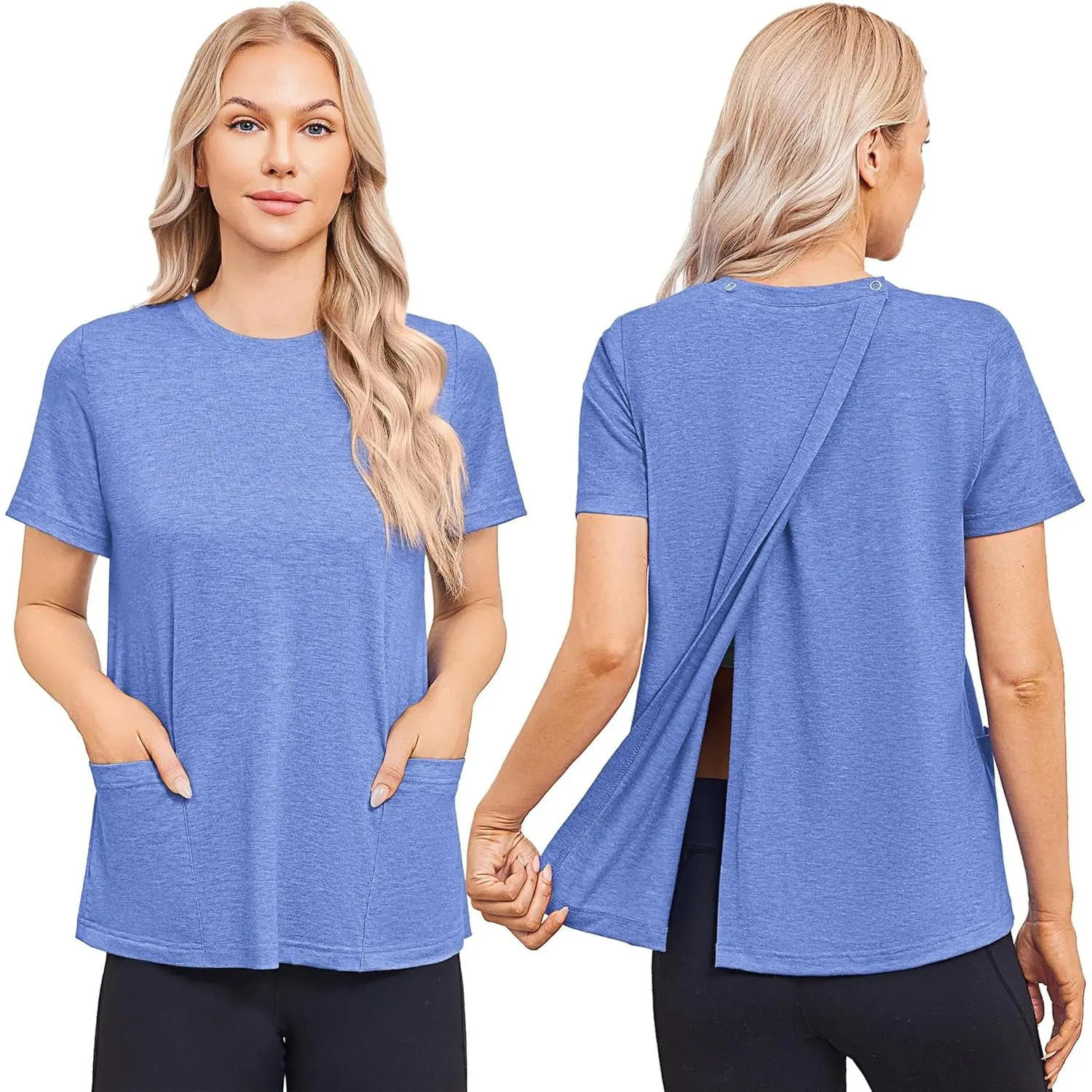 Women's Snap Open Post Surgery Shirt, Short Sleeve Adaptive Clothing with Pockets and Open Back for Hospital Recovery, Hospital Wear, Tear Away Snap Open Back