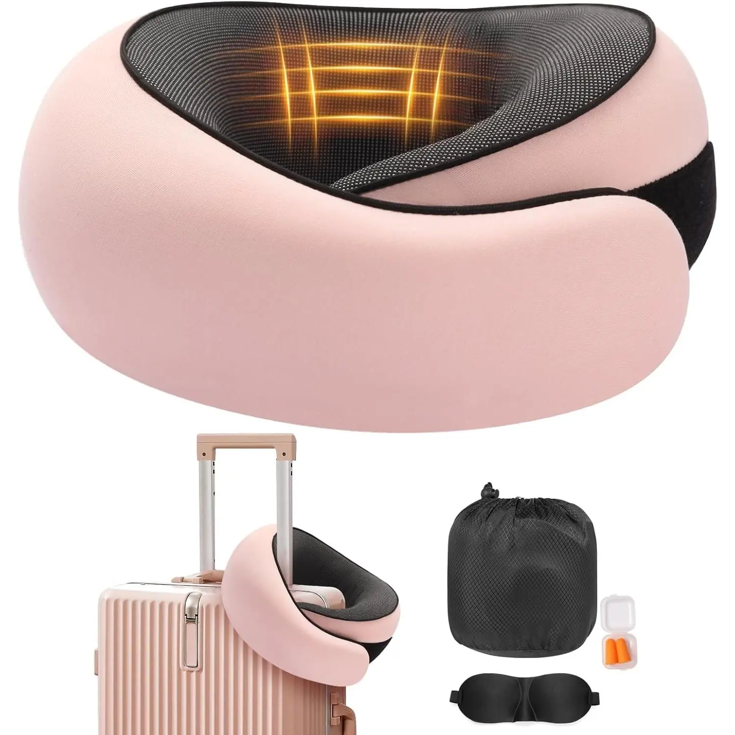 Neck Care Contour Travel Pillow for Pain Relief - 360-Degree Wrap-Around, All Sizes, Machine Washable, Breathable, Compact Fold-Up, Cooling Sleep, Eye Mask Set, Earplug Holder, Carry Bag for Airplane/Office Use, Travel Pillows