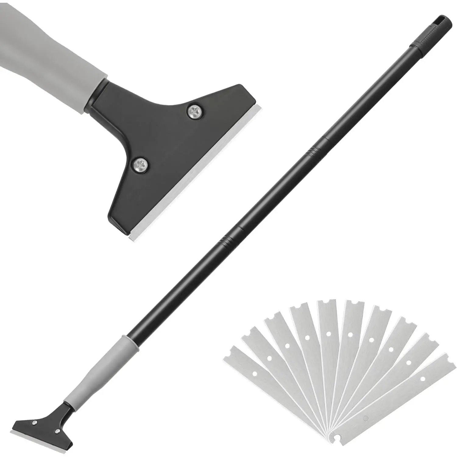 Heavy-duty 4inch razor blade floor scraper, 50inch Long-Handle, glass wall cleaning scraper, comes with 10 blades, used for paint removal, suitable for tiles, floors, and walls
