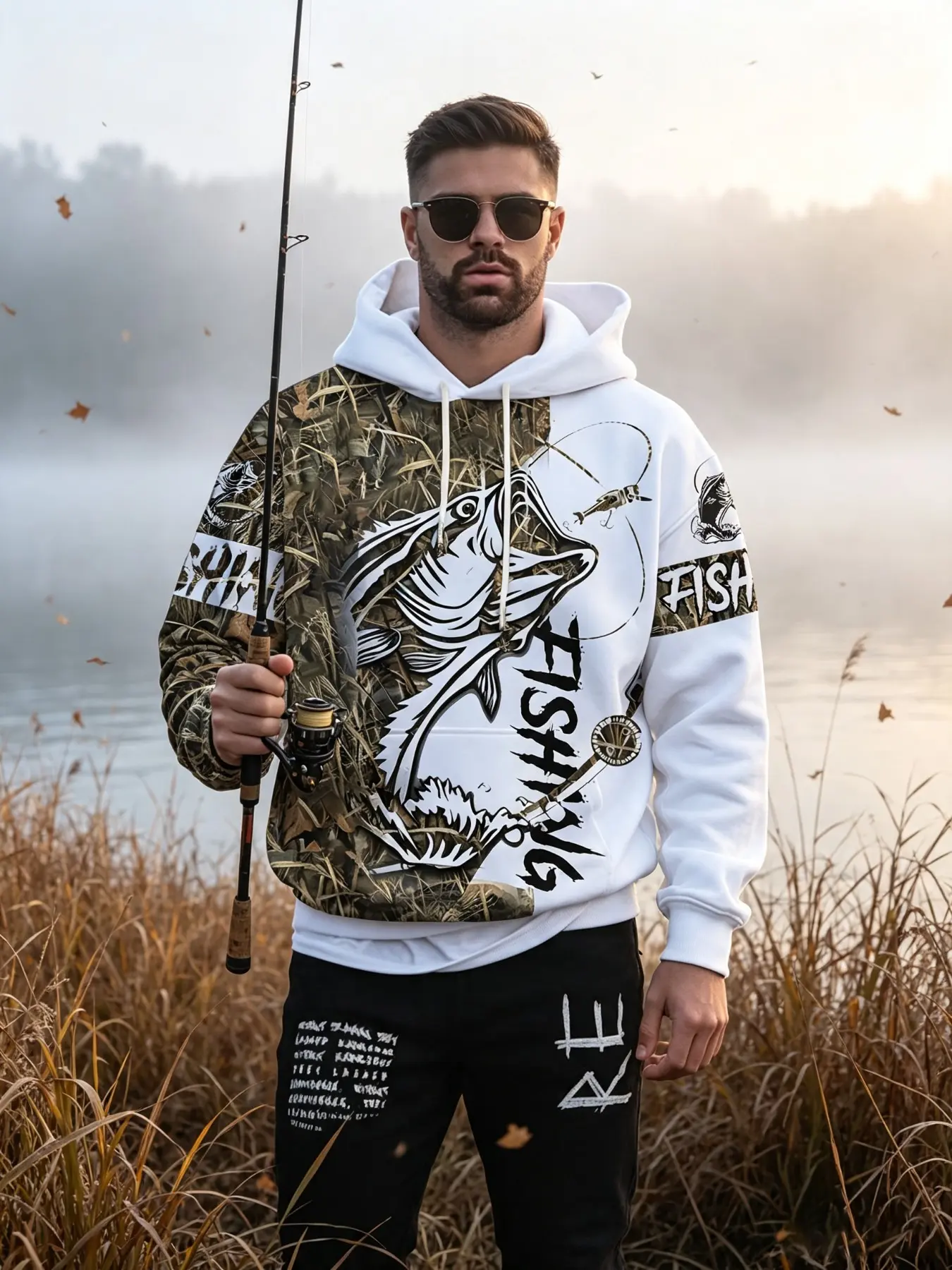 Men's Hooded Sweatshirt, Salmon Camo Patchwork Print Drawstring Hoodie, Outdoor Fishing Casual Long Sleeve Pullover, Angler Top