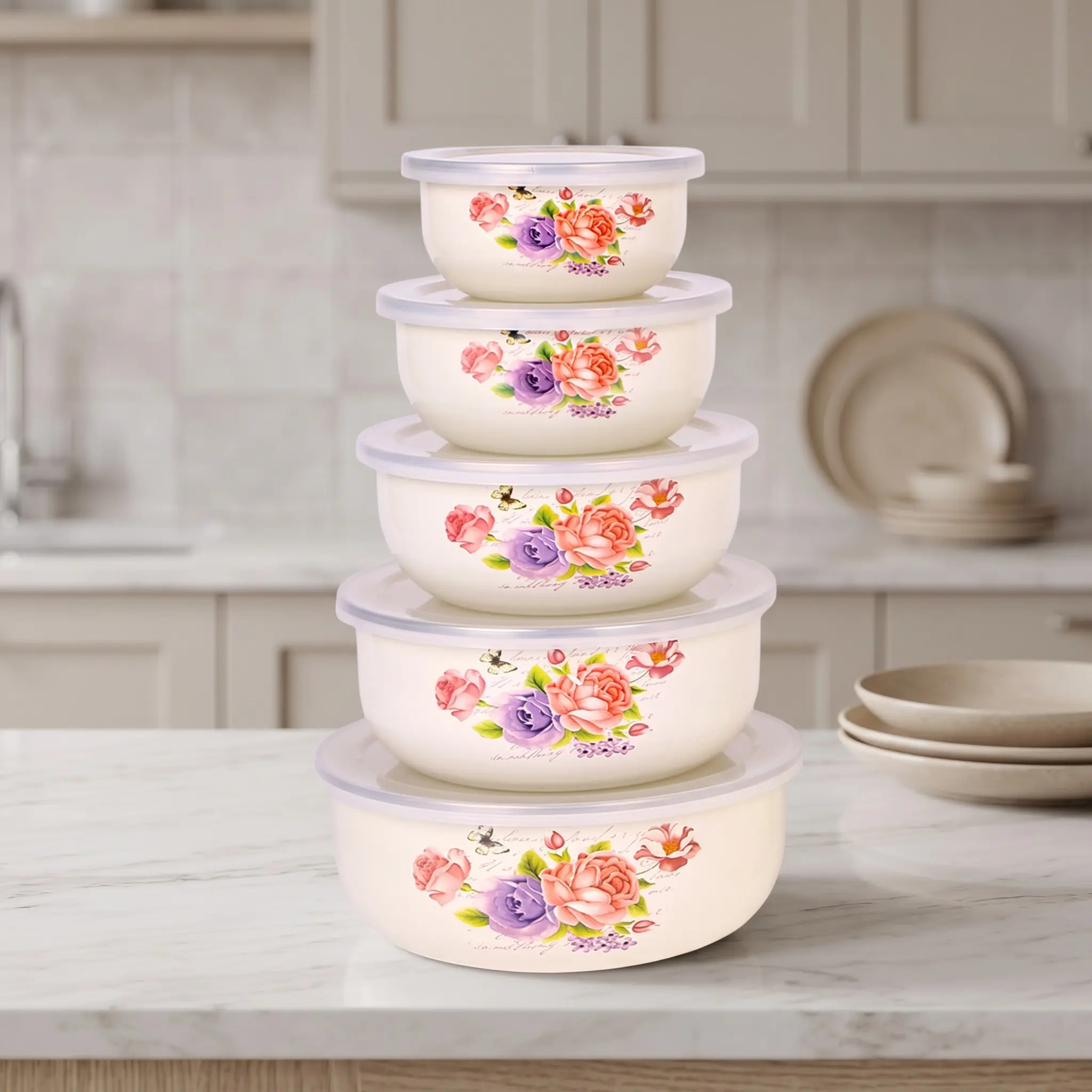 5pcs Enamel Multi-Functional Sealed Fruit Vegetable Storage Bowls, Portable Lunch Box, Salad Bowl Set, Food Storage Container, Kitchen & Outdoor Use