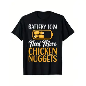 3Y-13Y 1pc Kids' Battery Low Chicken Nuggets Print Black TShirt, Crew Neck, Casual Cotton Tee, Medium Stretch Knit Fabric, Regular Fit for Boys& Girls Children, Alphabet Pattern, for Spring/Summer/Fall Halloween Christmas Valentine' S Day