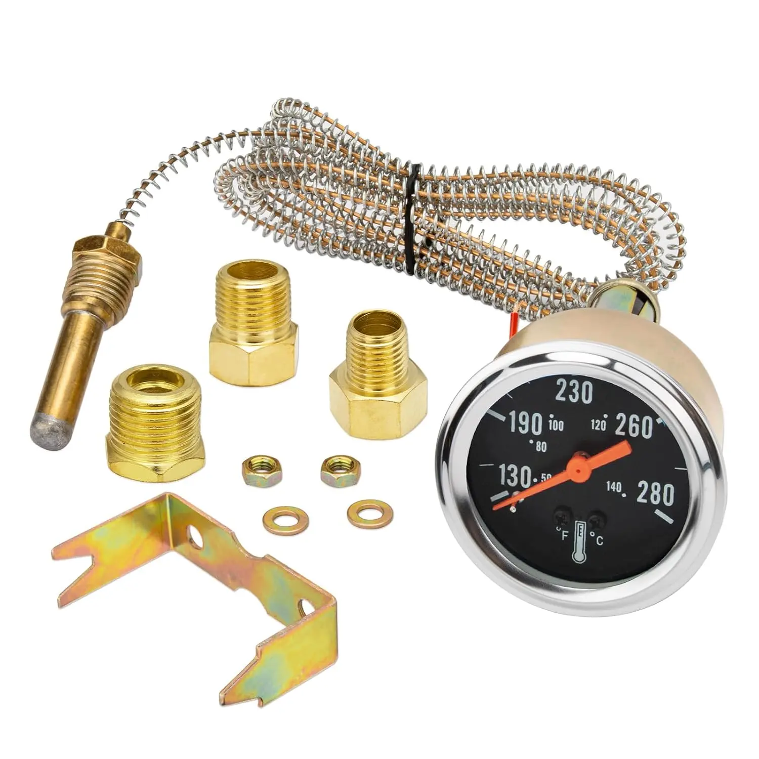7-123 Model Mechanical Water Temperature Gauge for Cars & Trucks, 12V Pointer Type with Yellow Light for Water Temp Check, 50-140°C/130-280°F Range, 1.8m Wire Length Automotive Repair Accessory
