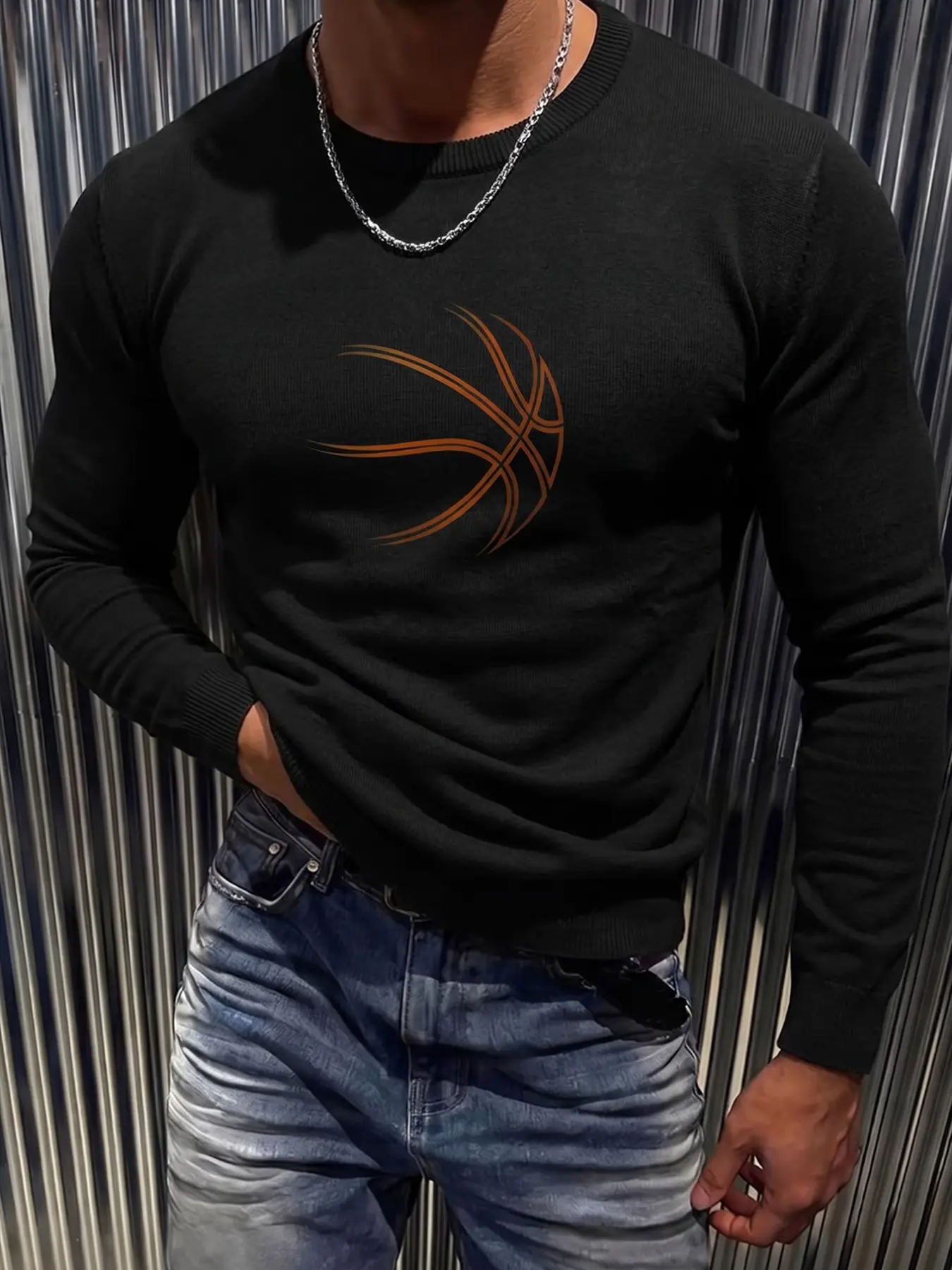 Men's Knit Sweater Basketball Graphic Print Crew Neck Pullover Long Sleeve Solid Black Casual Regular Fit Sporty Streetwear Vintage Y2K Athleisure Fall Winter Autumn Spring Warm Layering Top Office Campus Date Commute Teen Boys Men Gift Black Orange