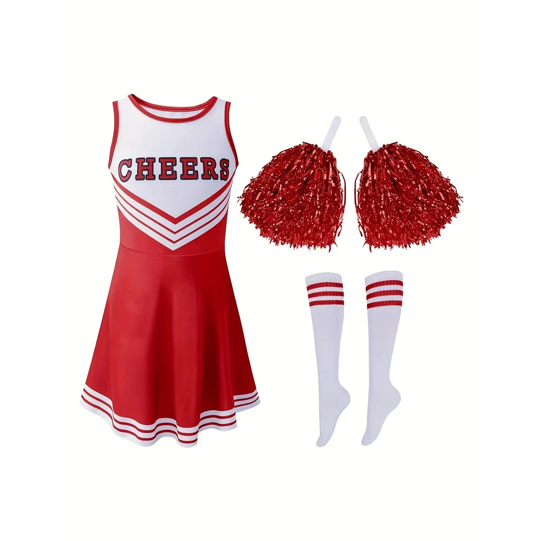 [Cheer Dress] Cute Cheerleading Dress for Girls |     with Cheer Pompoms Socks for Party Sports Outdoor Performance |     Available In Multiple Colors