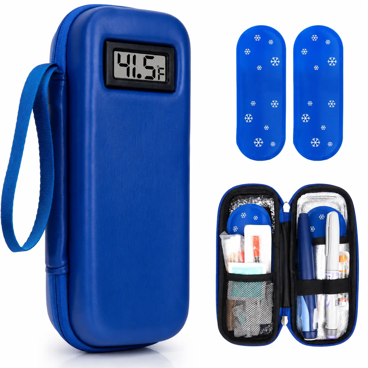 Refrigerated Medicine Cooler Case - Compact EVA PU Insulated Medical Storage Box with Temp Display, 2 TSA-Safe Ice Packs, 7.87 x 3.54 x 2.9 Inches Insulin Cooler for Trip & Daily Use 01