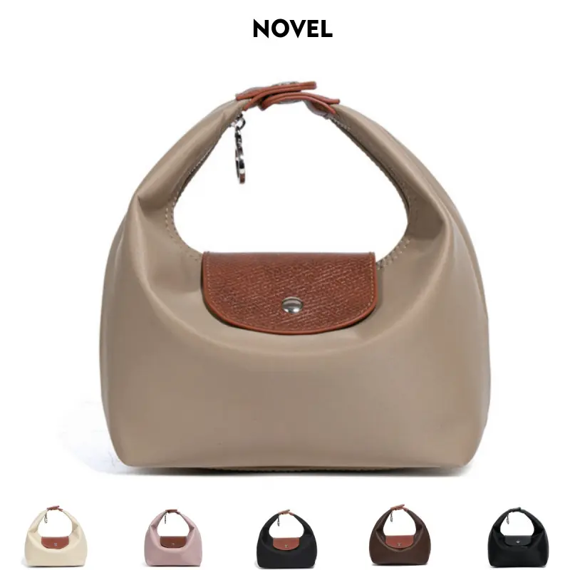 NOVEL Women's Waterproof Nylon Mini Dumpling-Shaped Handbag A unique fashionable underarm bag featuring two shoulder straps (one long and one short) that allow it to be worn as a shoulder bag or crossbody bag. A cute and versatile half-moon bag