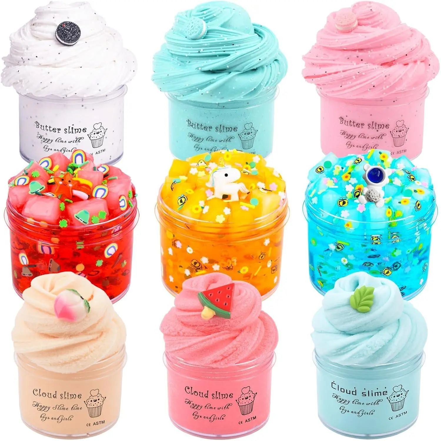 9 Pack Slime Kit for Kids- 3 Cloud, 3 Butter & 3 Jelly Cube Crunc Slimes with Astronaut Add-ins, Party Favors for Girls & Boys, Birthday Favors, Stress Relief, Toys for Girls and Boys