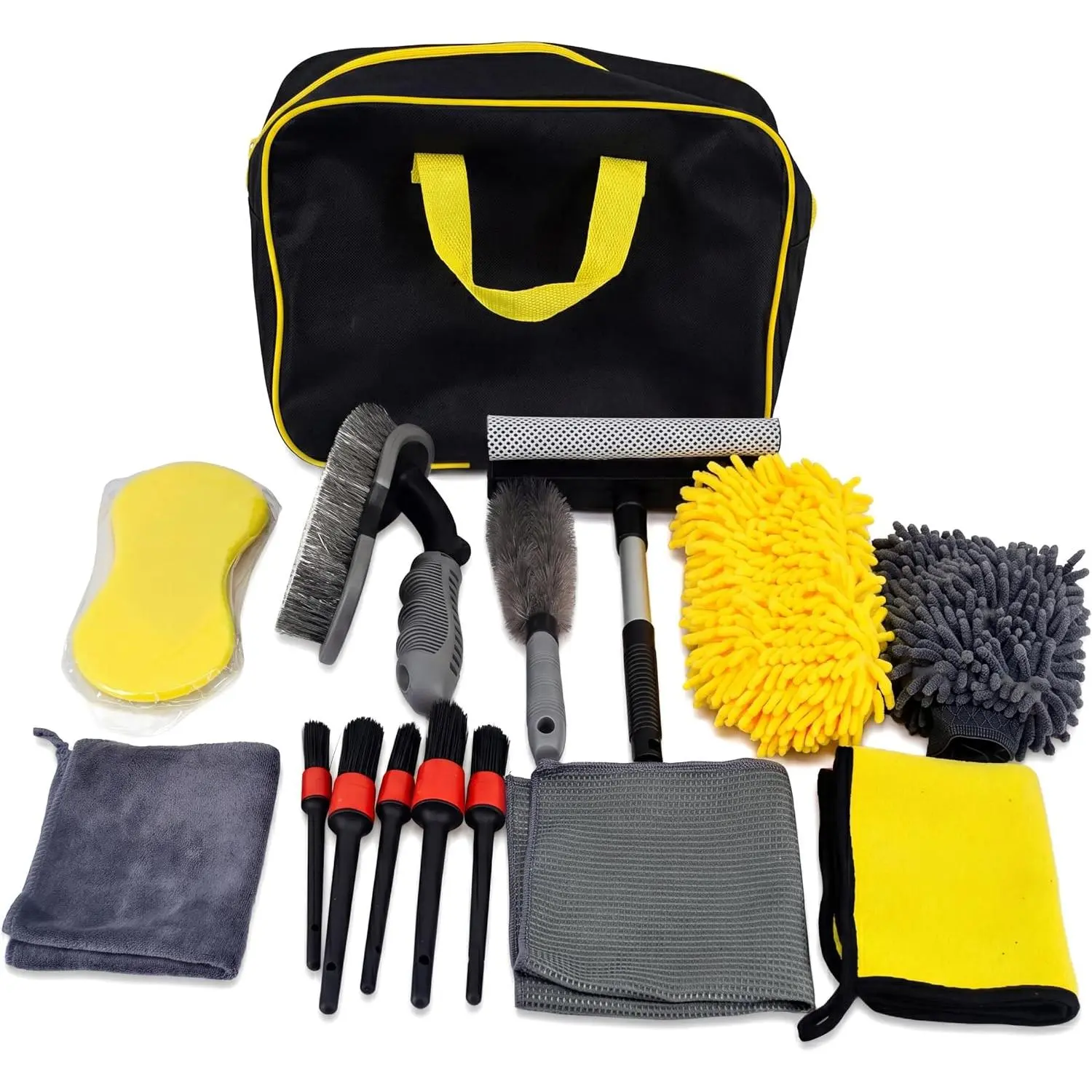 15-Pieces Vehicle Cleaning Kit Bundle with Detailing Tools, Synthetic Fiber Wash Mitt, Microfiber Towels, Wheel Brush & Portable Carry Bag