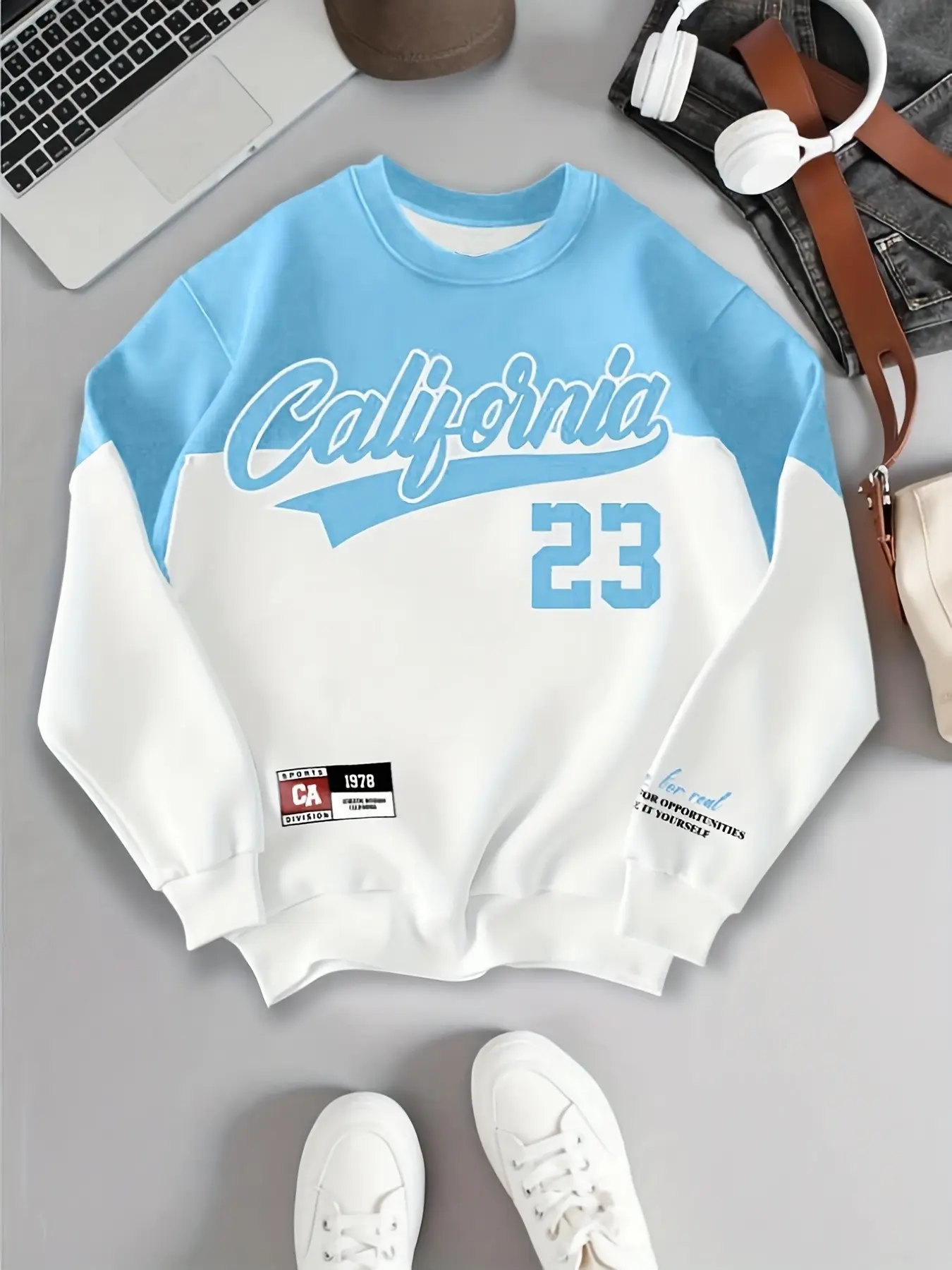 Men's Colorblock California Pattern Round Neck Sweatshirt, Vintage Sporty Streetwear Long Sleeve Pullover For Daily Outfit
