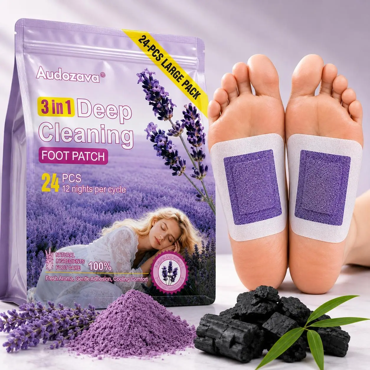 24-Count Deep Cleansing Detox Foot Pads - 3-in-1 Natural Ginger, Bamboo Charcoal & Lavender Patches, 12 Nights Cycle for Toxin Removal, Stress Relief & Better Sleep