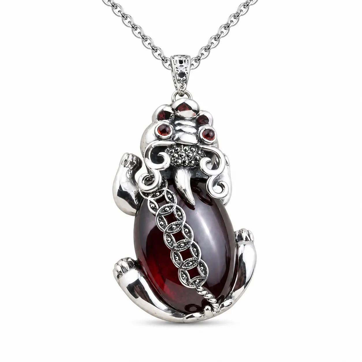 Vintage Silver Plated Pixiu Dragon Claw Pendant Necklace for Men Women Chinese Feng Shui Wealth Amulet with Large Oval Red Stone Lucky Coins Talisman Jewelry Gift trendy