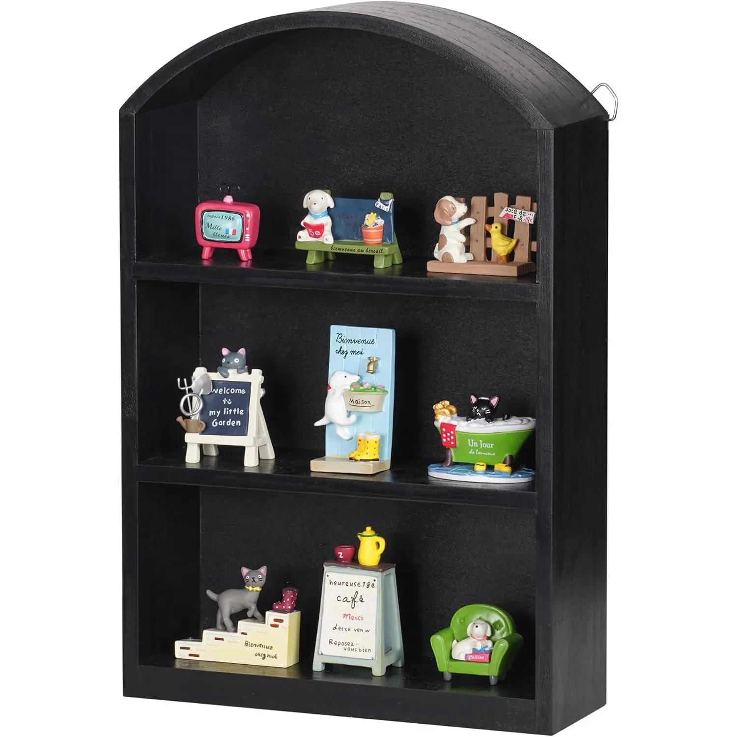 9"x13.5" Small Arched Trinket Display Shelf Shadow Box, Black | Fully Assembled, Wooden Shelf for Wall or Desk, Display Collectibles, Knick Knacks, Mini Figurines, Perfumes &