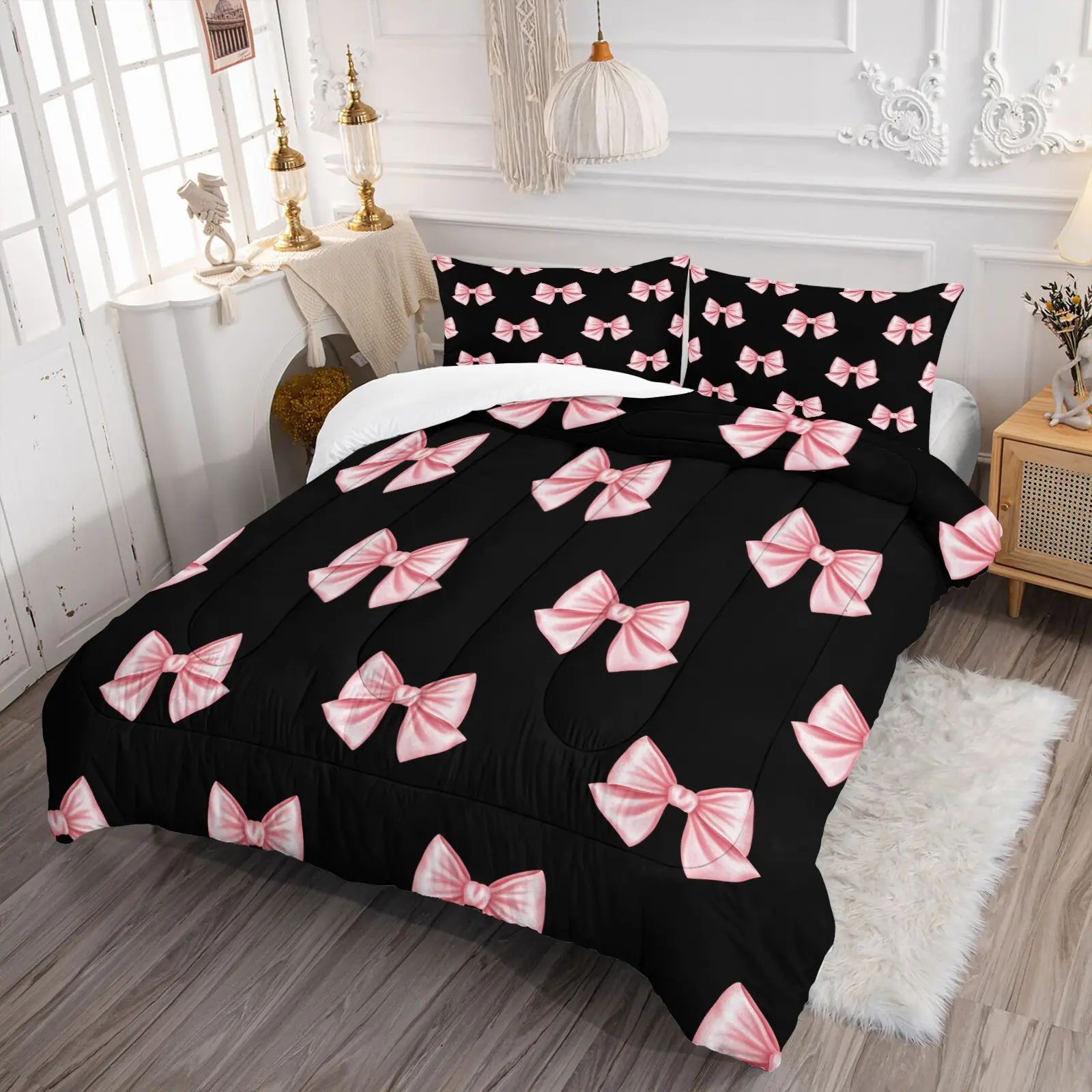 Satin Gradient Pink Bow Quilted Comforter Set & 1-2 Coreless Pillowcases,  Soft Breathable All-Season Comfort Bedding With All-Over Bow Print, Dark Coquettish Girly Y2K Gothic Sweet Contrast Color Home Decor For Bedroom, Dorm And Girls' Apartment