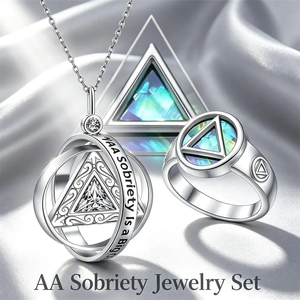 Women's Minimalist Alloy Unisex AA Sobriety Jewelry Set - Abalone Shell Inlaid Geometric Triangle Ring, Rotatable Spinner Fidget Pendant Necklace with Cubic Zirconia, Stress Relief Recovery Gift for AA Meetings, Yes