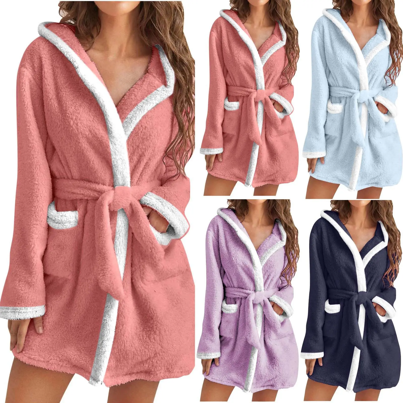 Women's Hooded Plush Bath Robe, Color Block Fleece Warm Robe, Autumn Winter Home Loungewear