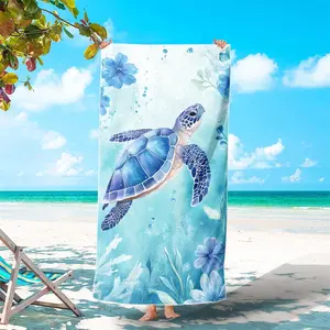 1/2Pcs (31in/63in)&(35in/71in) Blue Watercolor Sea Turtle Design Beach Towel, Tropical Ocean Flower Seaweed Print Sand Free Quick Dry Microfiber Towel, Soft Absorbent Swimming Pool Towel For Outdoor Beach Vacation