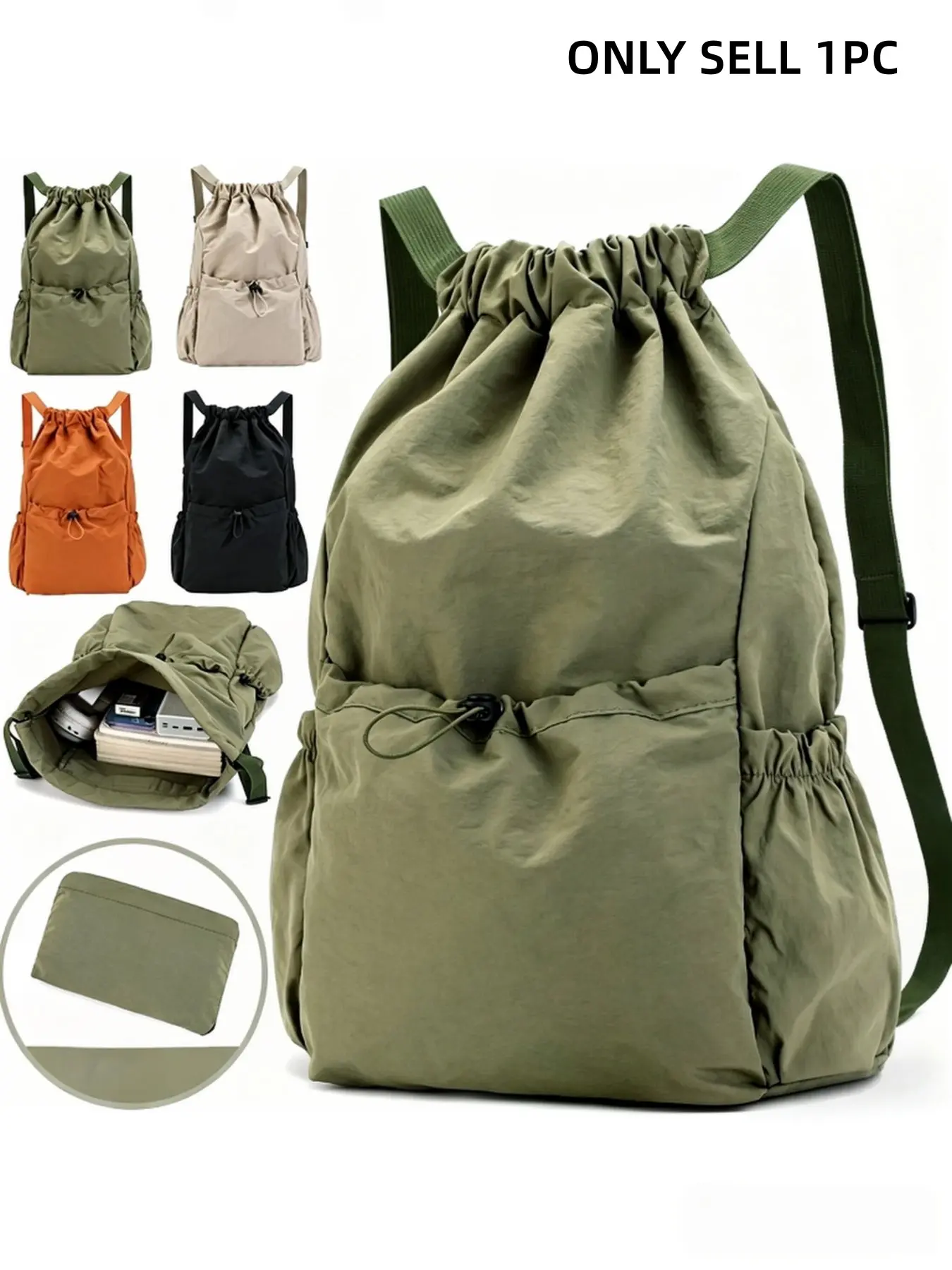 Foldable Drawstring Backpack, Lightweight Large Capacity Cinch Sack Bag, Portable Foldable Travel Rucksack, Water‑Resistant Sports Gym Bag, Outdoor Hiking Daily School Backpack, Multiple Colors Available
