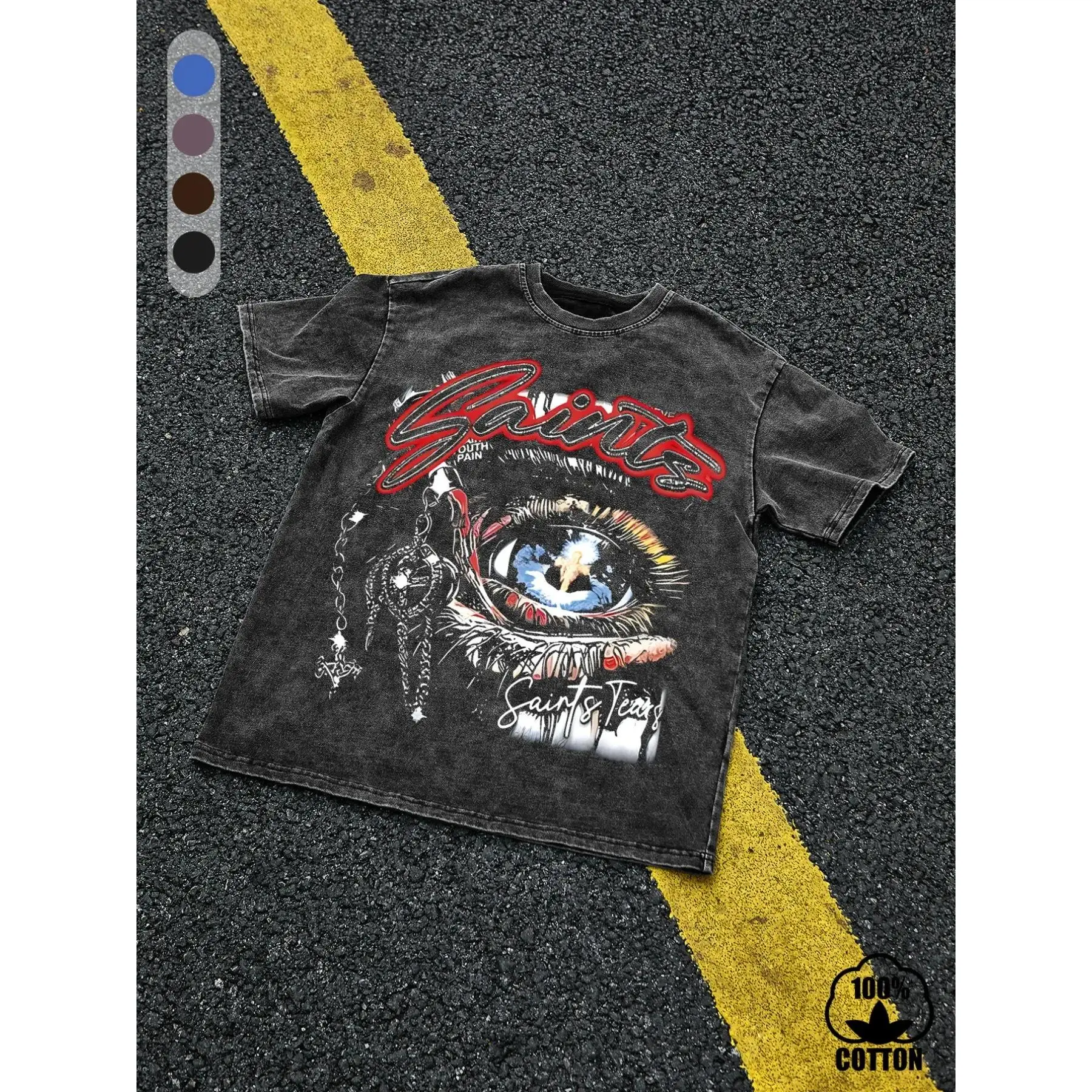 Men's 100% Cotton "Saint Tears" Graphic T-Shirt, Vintage-Wash Loose Fit Eye and Chain Design, Breathable Summer Casual Streetwear Top